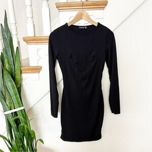 Nasty Gal Black Long Sleeve Round Neck Ribbed Bodycon Dress w/ Back Cut-Out Sz 6